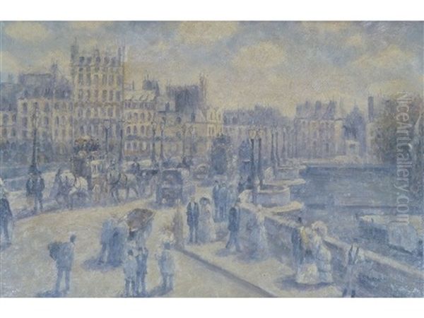 Continental Street With Figures And Carriages On A Bridge And Buildings In The Distance, Paris Oil Painting by Gail Sherman Corbett