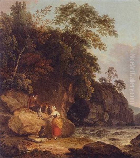 A View In Suffolk With Figures In The Foreground By A Stream Oil Painting by Corbould, Richard