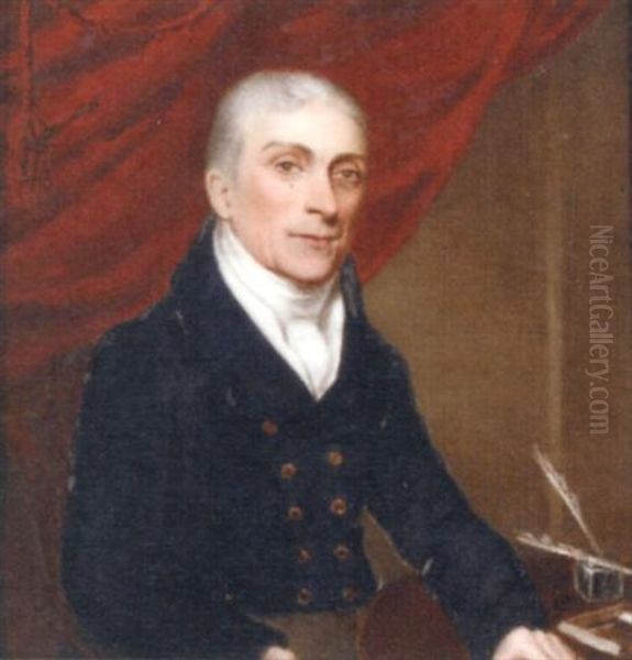 Charles Pennington M.d., In A Black Coat And White Waistcoat And Cravat, His Left Arm Leaning On A Table With A Quill And Ink; Crimson Drapery Background Oil Painting by William the Elder Corden