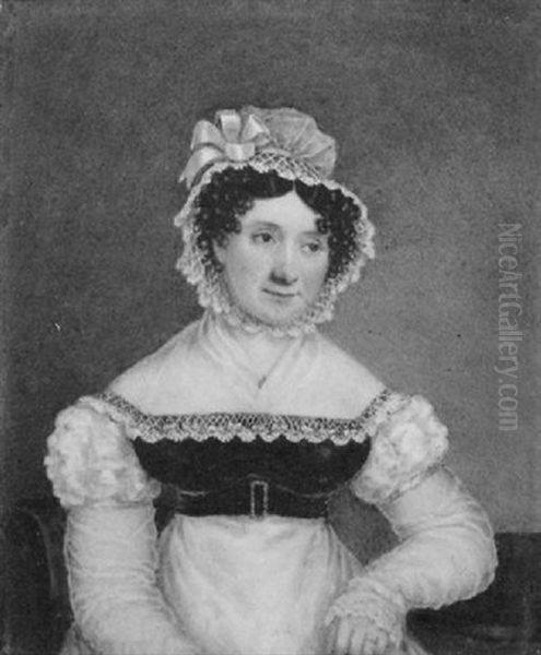 Mrs. Evans, Resting Her Left Arm On A Table, Wearing White Dress With Gauze Sleeves And Fichu Oil Painting by William the Elder Corden