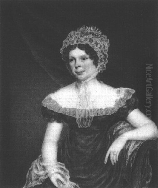 Lady Seated Before A Red Curtain, Wearing Crimson Dress With Lace Collar And Bonnet Oil Painting by William the Elder Corden