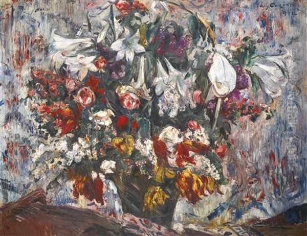 Blumenkorb Mit Amaryllis, Flieder, Rosen Und Tulpen (flower Basket With Amaryllis, Lilac, Roses And Tulips) Oil Painting by Lovis (Franz Heinrich Louis) Corinth