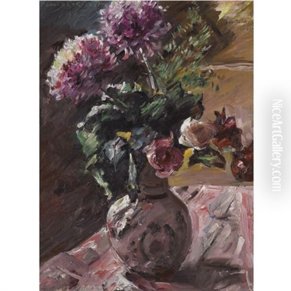 Chrysanthemen Und Rosen Im Krug (chrysanthemums And Roses In A Pitcher) Oil Painting by Lovis (Franz Heinrich Louis) Corinth