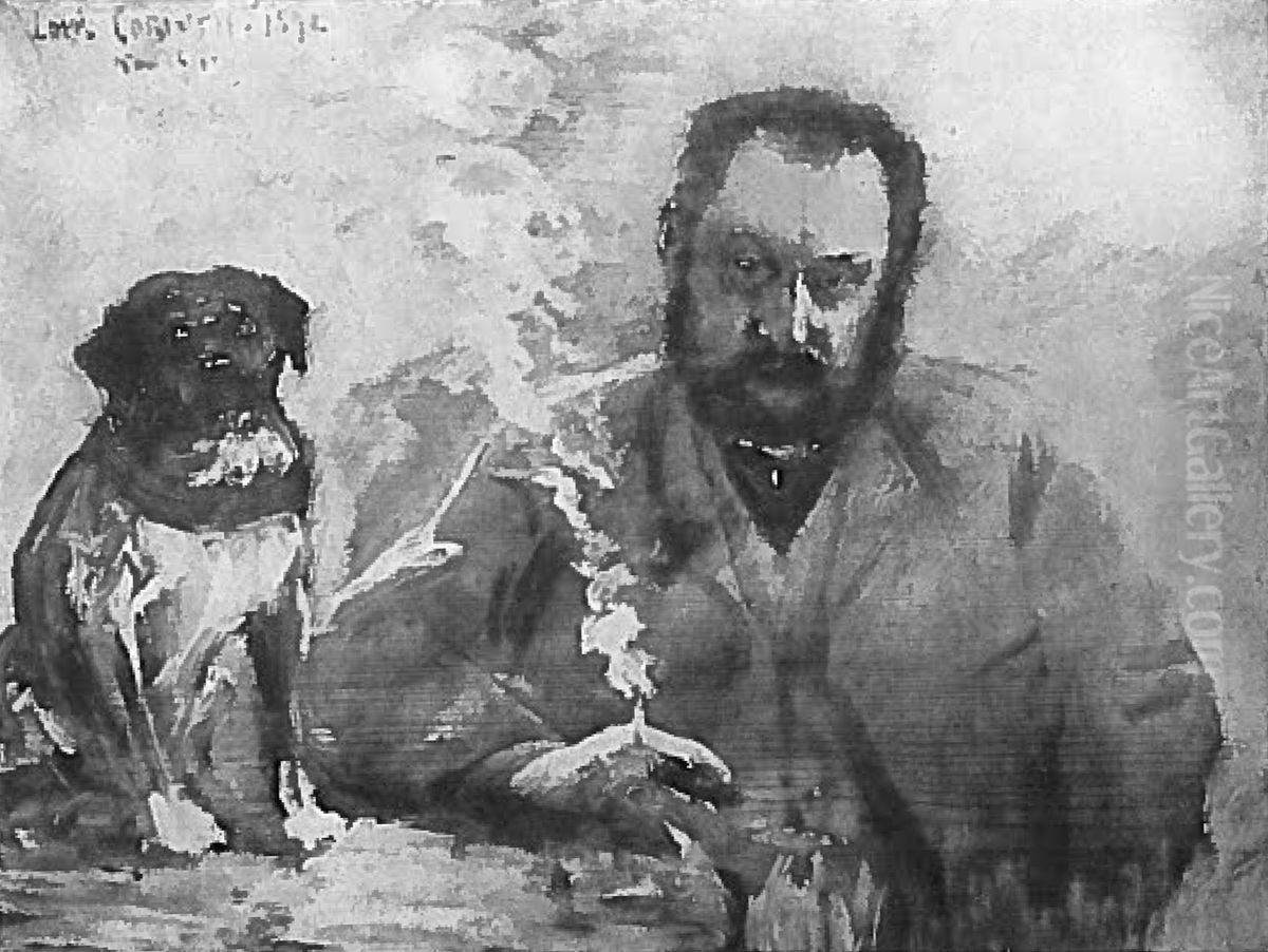 Herr Am Tisch Mit Hund Oil Painting by Lovis (Franz Heinrich Louis) Corinth