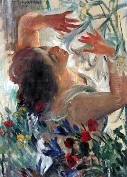 Frau Mit Lilien Im Treibhaus Oil Painting by Lovis (Franz Heinrich Louis) Corinth