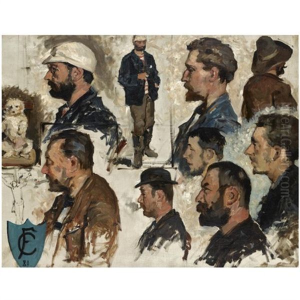Male Heads (study) Oil Painting by Fernand Cormon