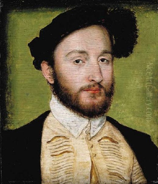 Portrait Of Charles De La Rochefoucauld In A Slashed Doublet, Black Coat And Feathered Cap Oil Painting by  Corneille de Lyon