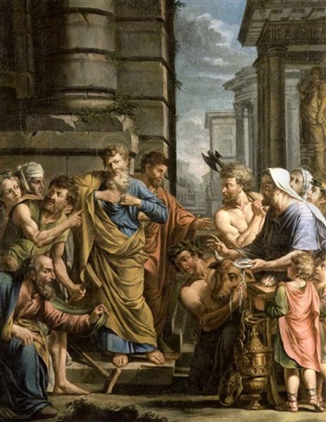 Saint Paul Et Saint Barnabe Refusant A Lystre Les Honneurs Divins Oil Painting by Michel Corneille