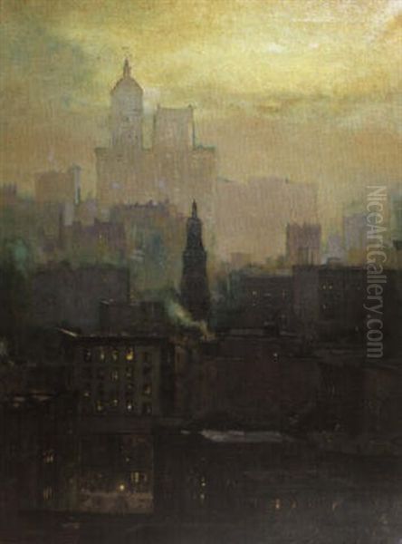Twilight Skyline, New York City Oil Painting by Paul Cornoyer