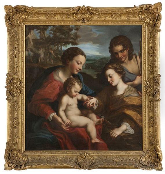 The Mystical Marriage Of Saint Catherine, With Saint Sebastian And The Martyrdom Of Two Saints In The Background Oil Painting by Antonio Allegri da Correggio