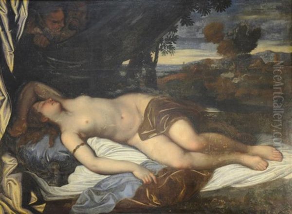 Nymphe Guettee Par Deux Satyres Oil Painting by Antonio Allegri da Correggio