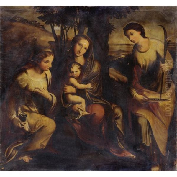 Madonna Col Bambino, Maria Maddalena E Santa Lucia Oil Painting by Antonio Allegri da Correggio