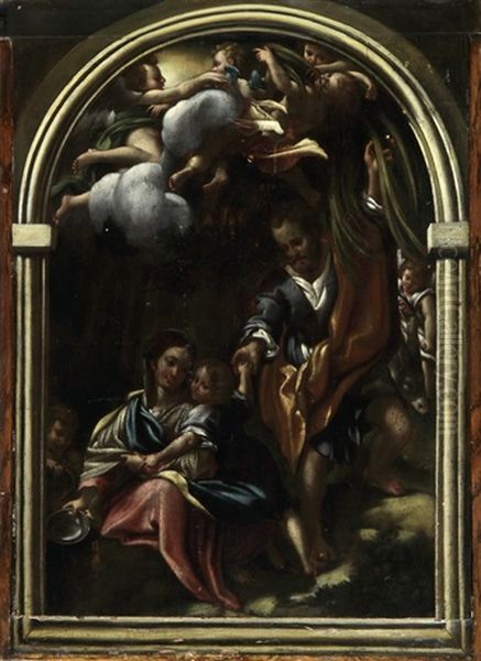 Die Hl. Familie Mit Engeln In Einer Architekturumrahmung Oil Painting by Antonio Allegri da Correggio