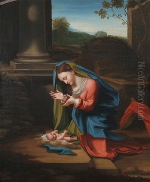 Madonna Adoring The Christ Child Oil Painting by Antonio Allegri da Correggio