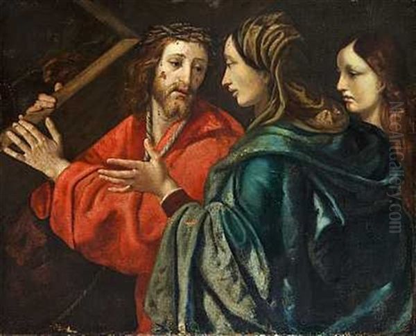 Jesus Baerer Korset Til Golgata, Ved Hans Side Gar To Kvinder (jomfru Maria Og Maria Magdalene?) Oil Painting by Antonio Allegri da Correggio
