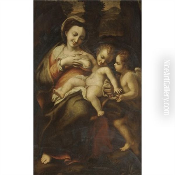 The Madonna And Child With The Infant Saint John The Baptist (madonna Della Latte) Oil Painting by Antonio Allegri da Correggio