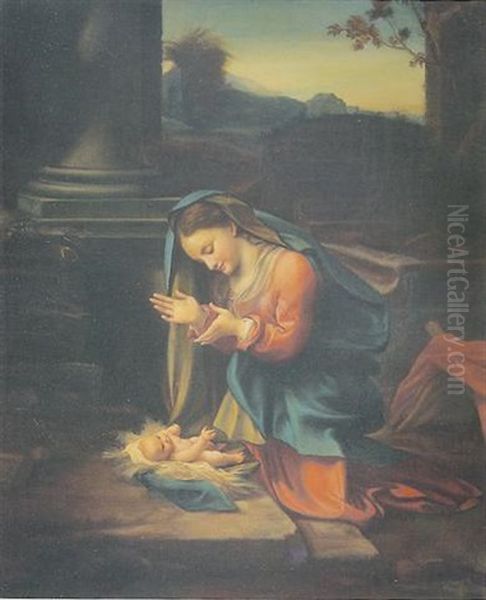 La Virgine Adora Il Bambino Oil Painting by Antonio Allegri da Correggio