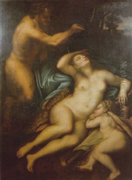 Venus And Cupid With A Satyr Oil Painting by Antonio Allegri da Correggio