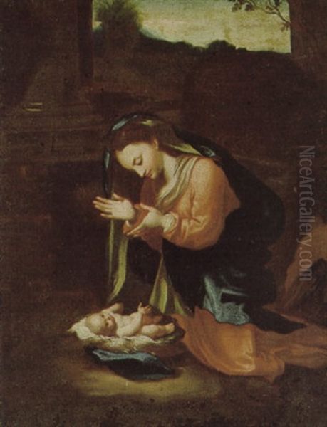 Madonna In Adorazione Del Bambino, Versione Dal Dipinto Negli Uffizi, Firenze Oil Painting by Antonio Allegri da Correggio