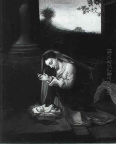 The Madonna Adoring The Infant Christ Oil Painting by Antonio Allegri da Correggio