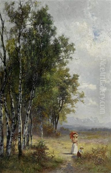 Mutter Mit Kind Am Birkenwaldrand Oil Painting by Ludwig Correggio