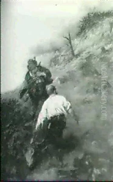 Zwei Wilderer Mit Erlegtem Hirsch                           Am Berghang Oil Painting by Max Correggio