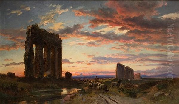 A Roman Aqueduct On The Appia Antica At Sunset Oil Painting by Hermann David Solomon Corrodi
