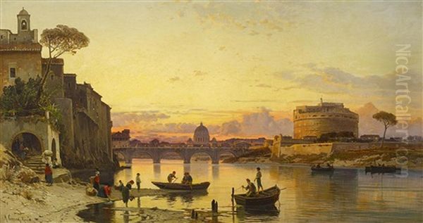Rom. Das Tiberufer Vor Der Engelsburg. Im Hintergrund Die Kuppel Des Petersdoms Oil Painting by Hermann David Solomon Corrodi