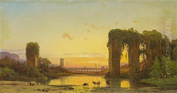 Tiberlandschaft Mit Antiken Ruinen, Abendstimmung Oil Painting by Hermann David Solomon Corrodi