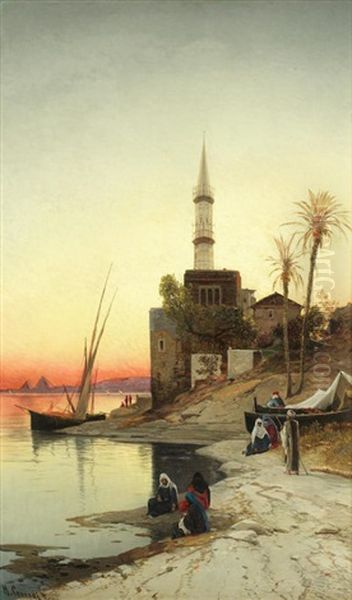 The Nile At Sunset Oil Painting by Hermann David Solomon Corrodi