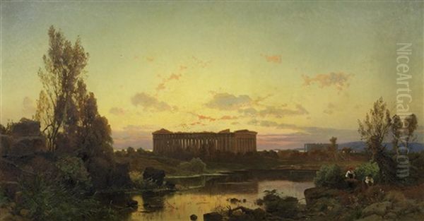 Greek Temple Of Paestum Near Salerno Oil Painting by Hermann David Solomon Corrodi