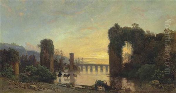 A Roman Aqueduct At Sunset Oil Painting by Hermann David Solomon Corrodi