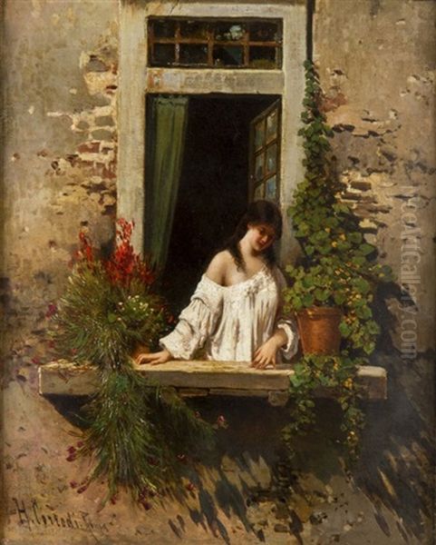 Lady On A Balcony Oil Painting by Hermann David Solomon Corrodi