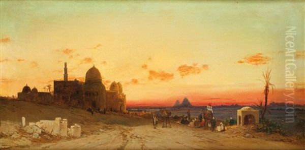 Les Pyramides Vues Des Tombeaux Des Califes Oil Painting by Hermann David Solomon Corrodi
