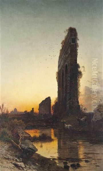 Roman Aqueducts, St. Peter's Basilica Beyond Oil Painting by Hermann David Solomon Corrodi