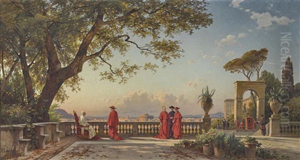 Papst Leo Xiii. Mit Kardinalen Auf Einer Terrasse Uber Rom Oil Painting by Hermann David Solomon Corrodi