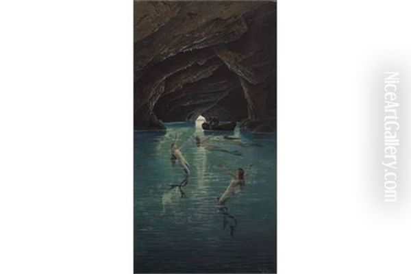 Ein Fischer Und Meerjungfrauen In Der Blauen Grotte Auf Capri Oil Painting by Hermann David Solomon Corrodi