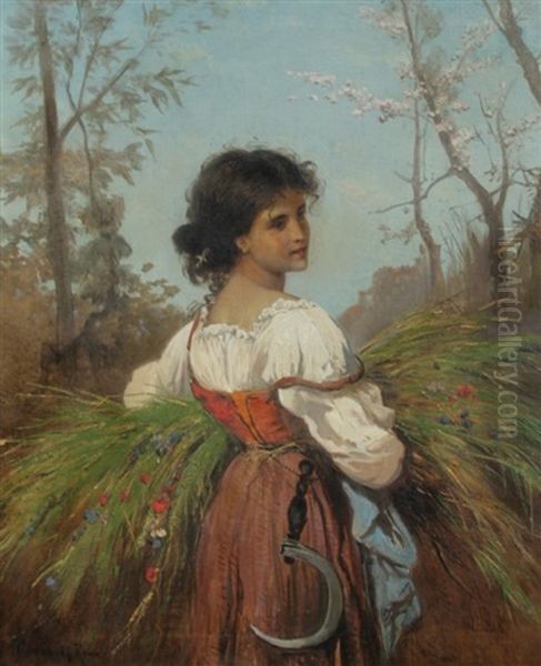 Girl With Scythe Oil Painting by Hermann David Solomon Corrodi