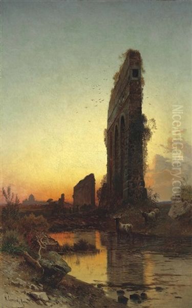 Roman Aqueducts With Cattle, St. Peter's Basilica Beyond Oil Painting by Hermann David Solomon Corrodi