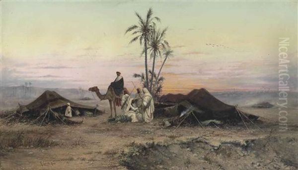 A Bedouin Camp At Dusk Oil Painting by Hermann David Solomon Corrodi