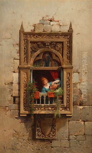 Junge Frau Am Fenster In Herrschaftlichem Anwesen Oil Painting by Hermann David Solomon Corrodi