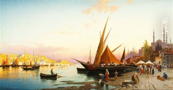 Bateaux De Peche Sur Le Bosphore Oil Painting by Hermann David Solomon Corrodi