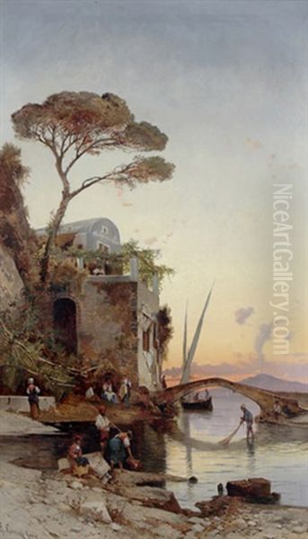 Sonnenuntergang Am Golf Von Neapel, Vorne Fischer Oil Painting by Hermann David Solomon Corrodi