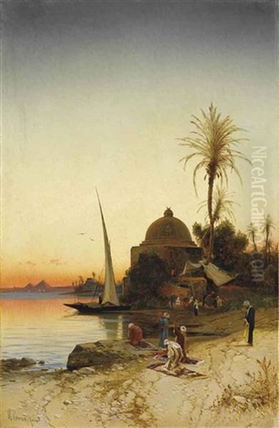 Prayers At The Bank Of The River Nile Oil Painting by Hermann David Solomon Corrodi
