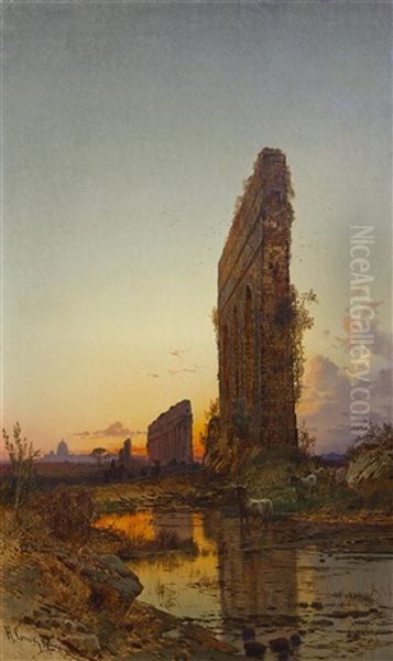 The Roman Aqueducts At Sunset Oil Painting by Hermann David Solomon Corrodi