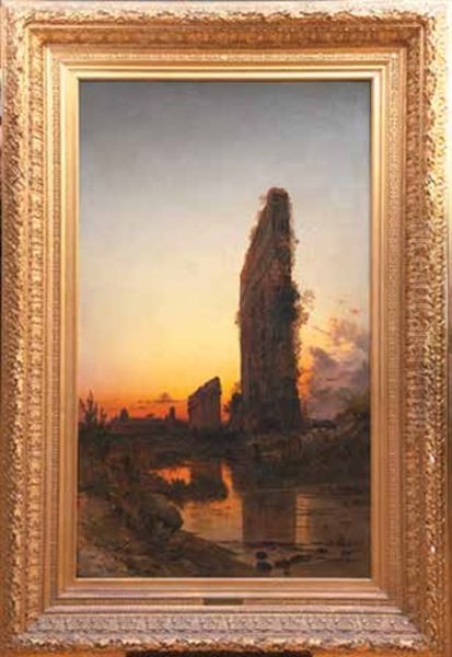 Veduta Dell'acquedotto Claudio Con Armenti Oil Painting by Hermann David Solomon Corrodi