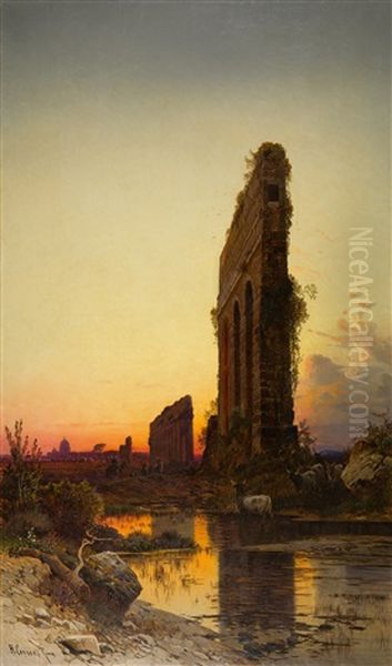 Rinderhirte Bei Der Ruine Eines Aquadukts, Im Hintergrund Die Kuppel Von Sankt Peter In Rom Oil Painting by Hermann David Solomon Corrodi