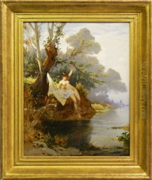 Female Nude On A Riverbank Oil Painting by Hermann David Solomon Corrodi