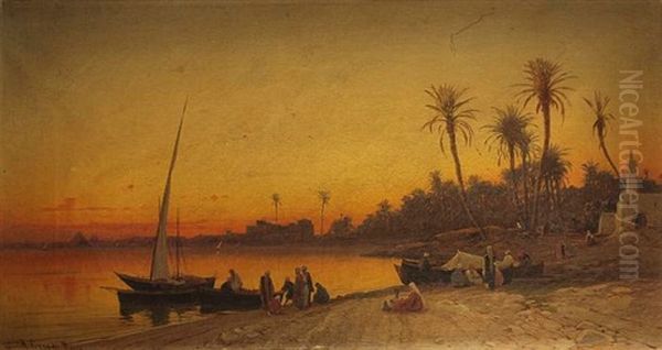 Orientalische Marktszene Am Strand Bei Sonnenuntergang Oil Painting by Hermann David Solomon Corrodi