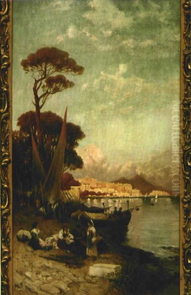 Am Ufer Auf Die Nachste Fahre Wartende Personen Mit Familien An Der Dalmatinischen Kuste Oil Painting by Hermann David Solomon Corrodi